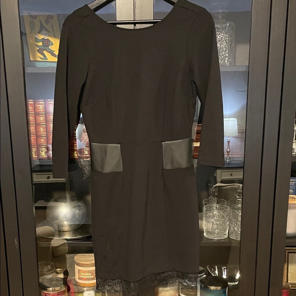 Elegant Black Long Sleeve Dress with Leather Accents